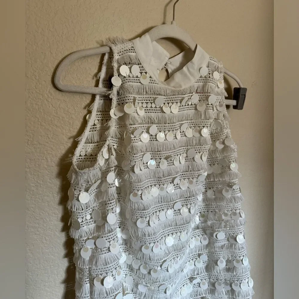Boston Proper Fringe Sequin Two Piece Skirt Set‎ Sz 10 Cream